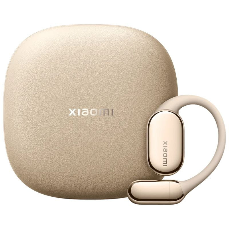 Xiaomi OpenWear Stereo Pro ANC Dorado Arena con estuche beige y auriculares de aro abierto; acabado metálico dorado y diseño minimalista elegante