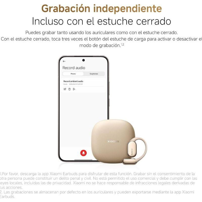 Xiaomi OpenWear Stereo Pro Dorado Arena: estuche compacto beige con tapa lisa IO21B y auricular abierto con gancho latero, diseño elegante y portátil