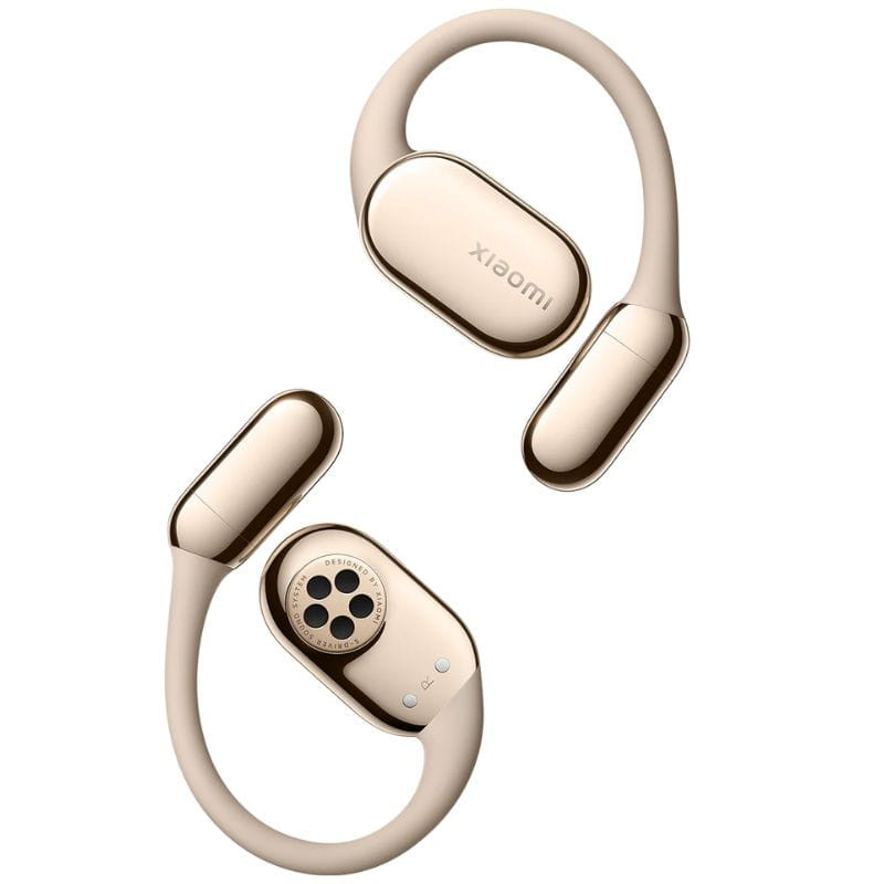 Xiaomi OpenWear Stereo Pro ANC Dorado Arena, auriculares open-ear con acabado mate metálico, ganchos ergonómicos y rejilla de altavoz visible en cada cápsula