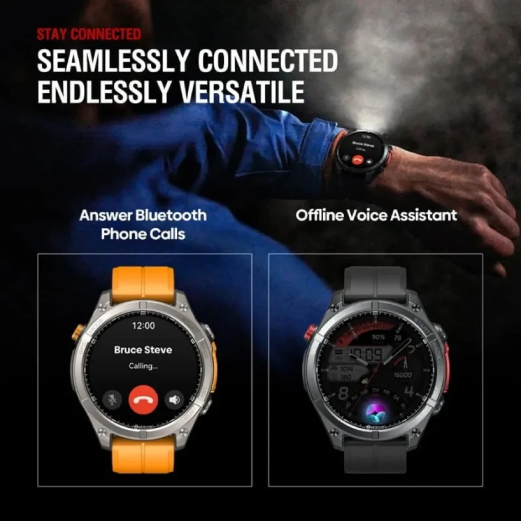 Zeblaze Stratos 4 GPS Noir avec écran circulaire, boîtier métal, boutons latéraux orange et noir, bracelet silicone, appels Bluetooth et assistant vocal