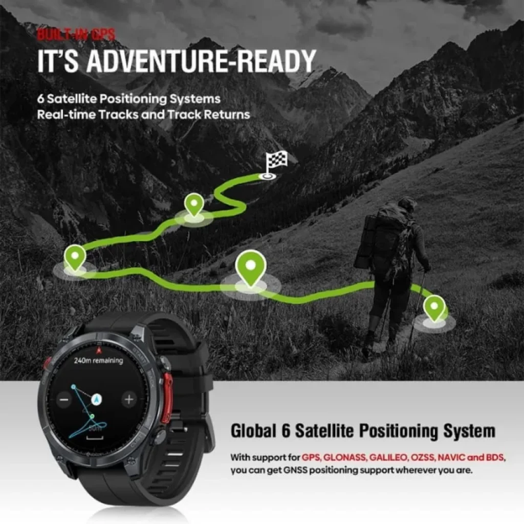 Zeblaze Stratos 4 GPS Noir, montre robuste noire avec lunette ronde, écran couleur, boutons latéraux rouges, bracelet silicone, marquages altitude et distance