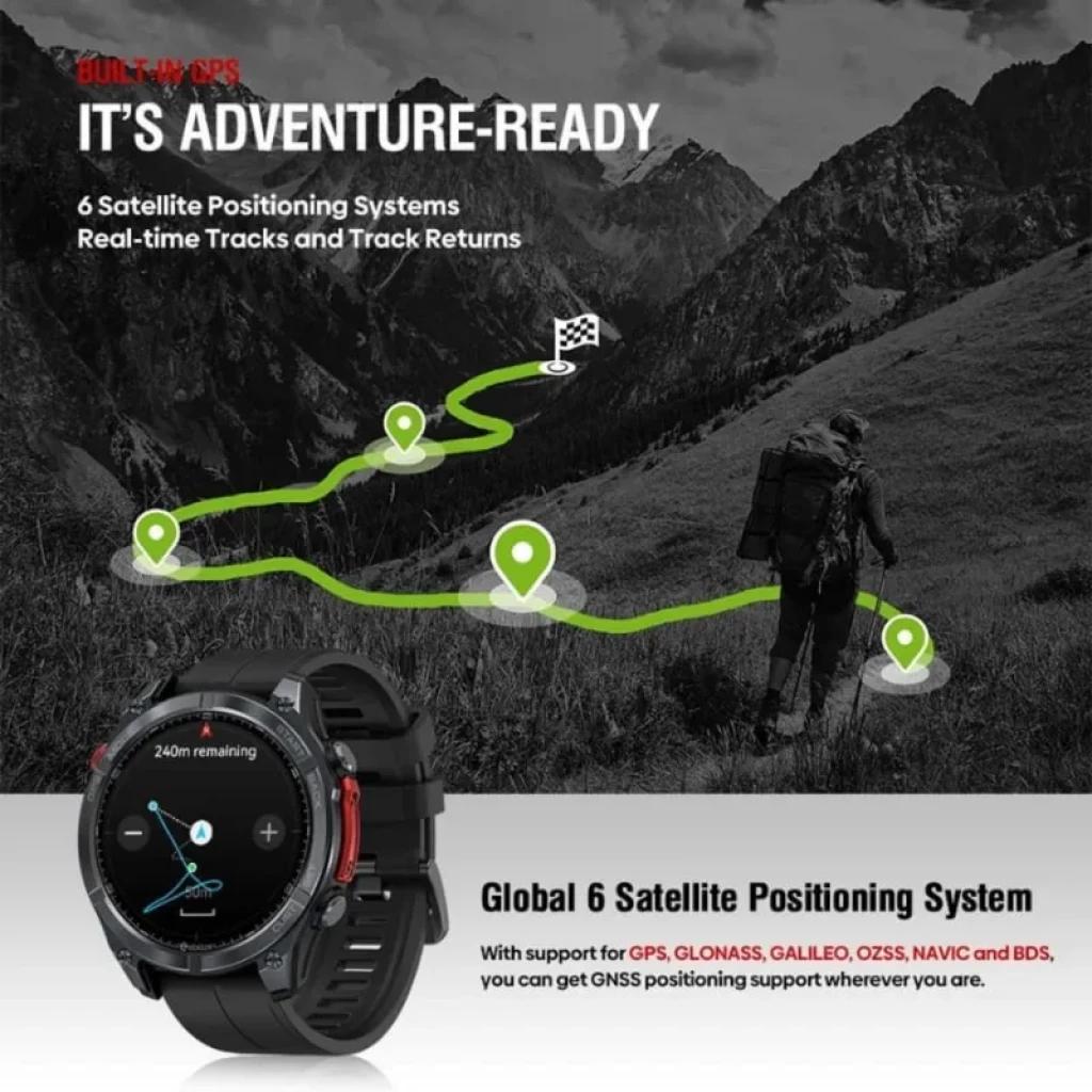 Zeblaze Stratos 4 GPS Noir, montre robuste noire avec lunette ronde, écran couleur, boutons latéraux rouges, bracelet silicone, marquages altitude et distance