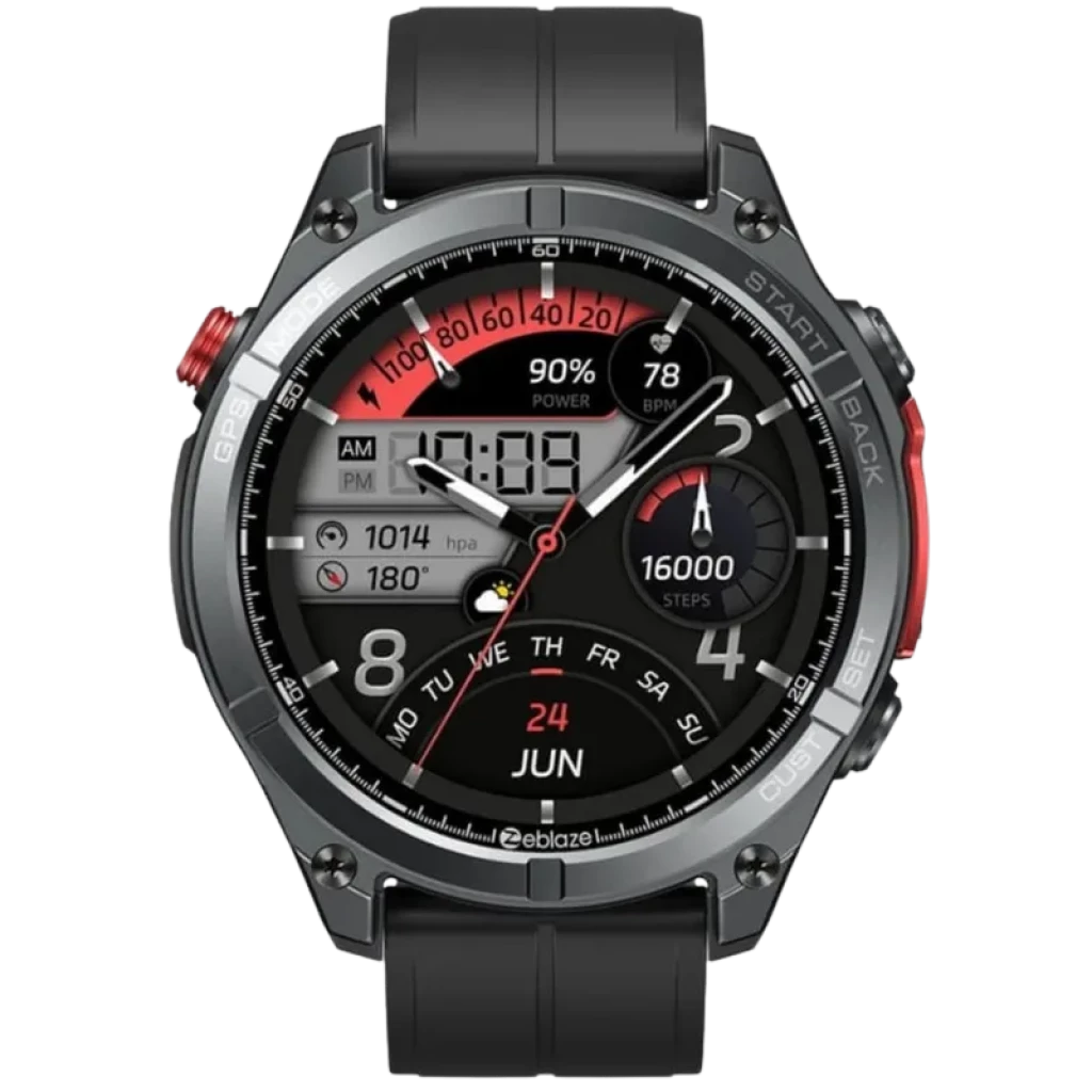 Zeblaze Stratos 4 GPS Noir avec boîtier robuste noir, lunette métallique, accents rouges, grand écran circulaire, bracelet silicone noir, boutons latéraux