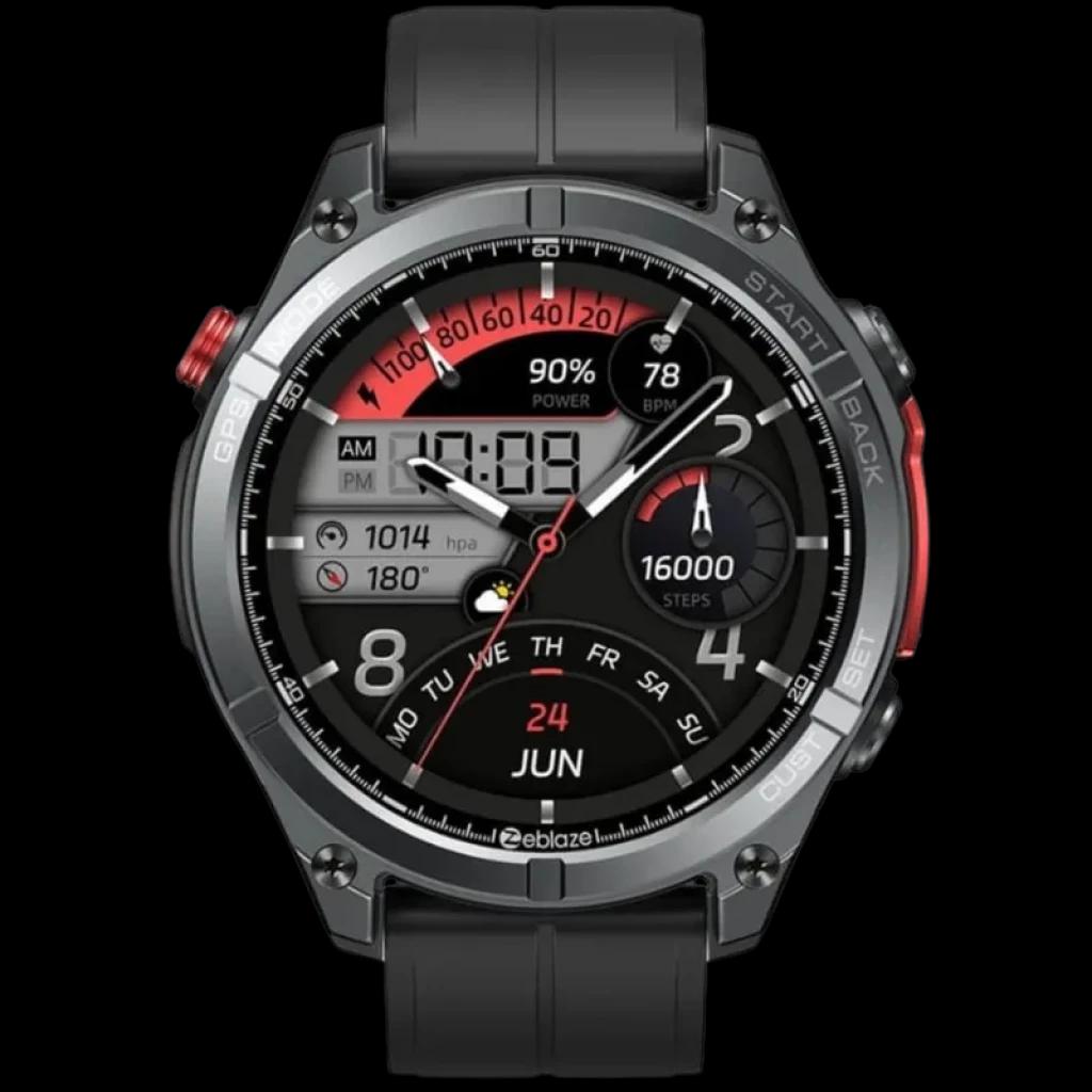Zeblaze Stratos 4 GPS Noir avec boîtier robuste noir, lunette métallique, accents rouges, grand écran circulaire, bracelet silicone noir, boutons latéraux