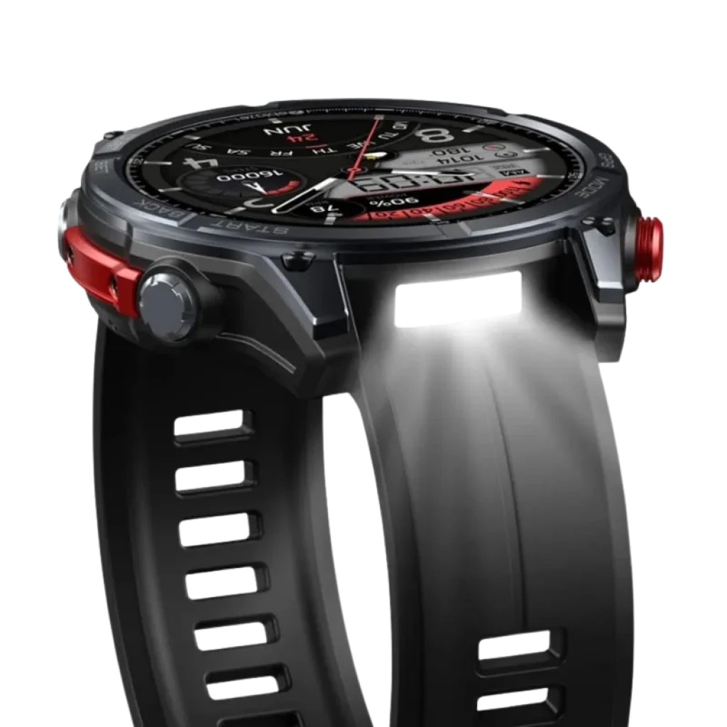 Zeblaze Stratos 4 GPS Noir avec boîtier robuste noir, lunette métallique, bouton rouge proéminent et bracelet silicone ventilé, écran sportif à cadran