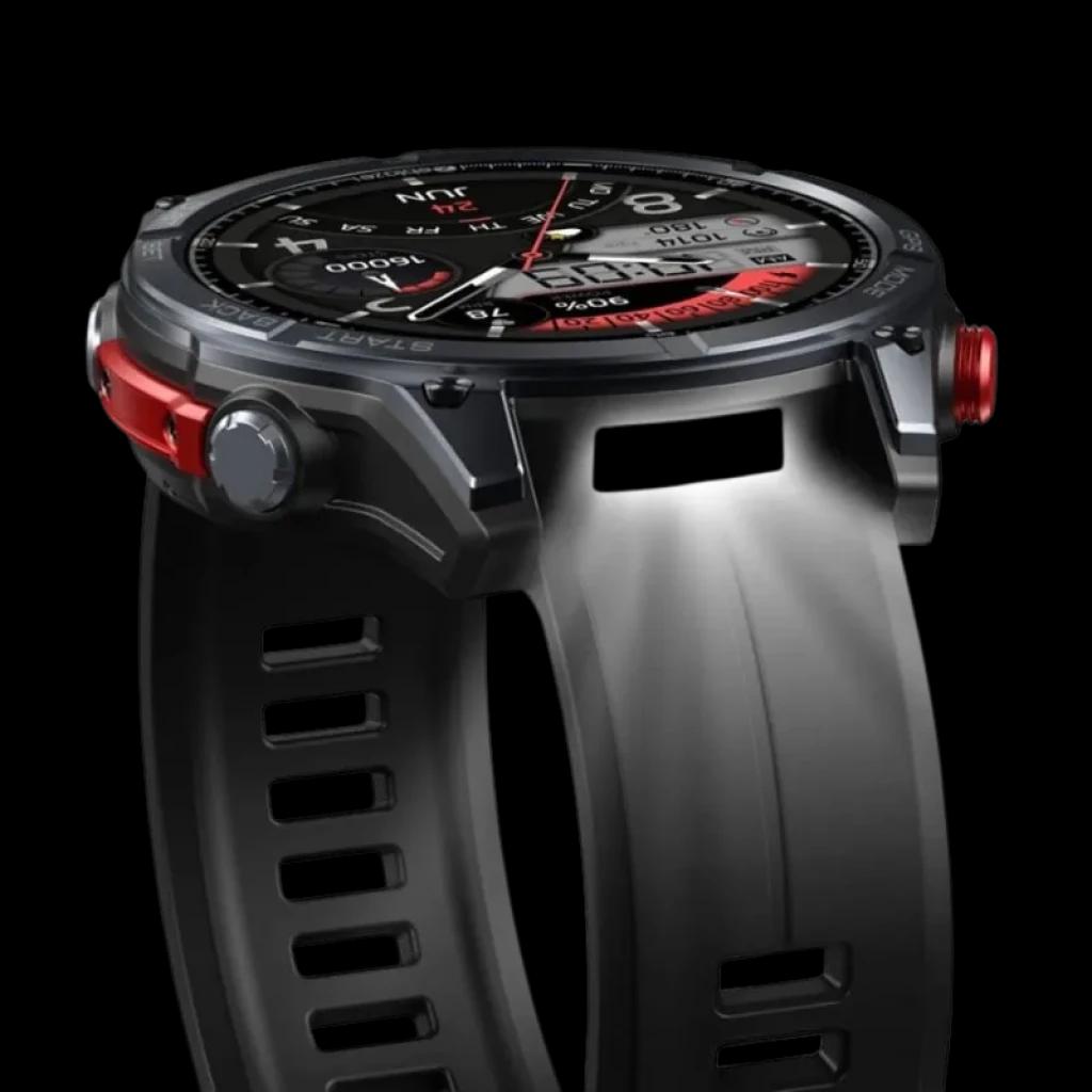 Zeblaze Stratos 4 GPS Noir avec boîtier robuste noir, lunette métallique, bouton rouge proéminent et bracelet silicone ventilé, écran sportif à cadran