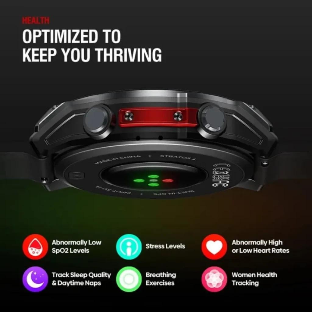 Zeblaze Stratos 4 GPS Noir avec boîtier robuste noir, anneau rouge, capteurs verts au dos, boutons latéraux, bracelet silicone, suivi santé et SpO2