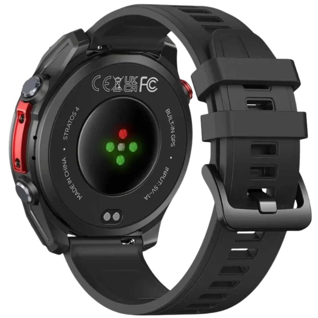 Zeblaze Stratos 4 GPS Noir avec boîtier robuste, capteur cardio vert au dos, boutons latéraux rouges, bracelet silicone noir à boucle et fentes