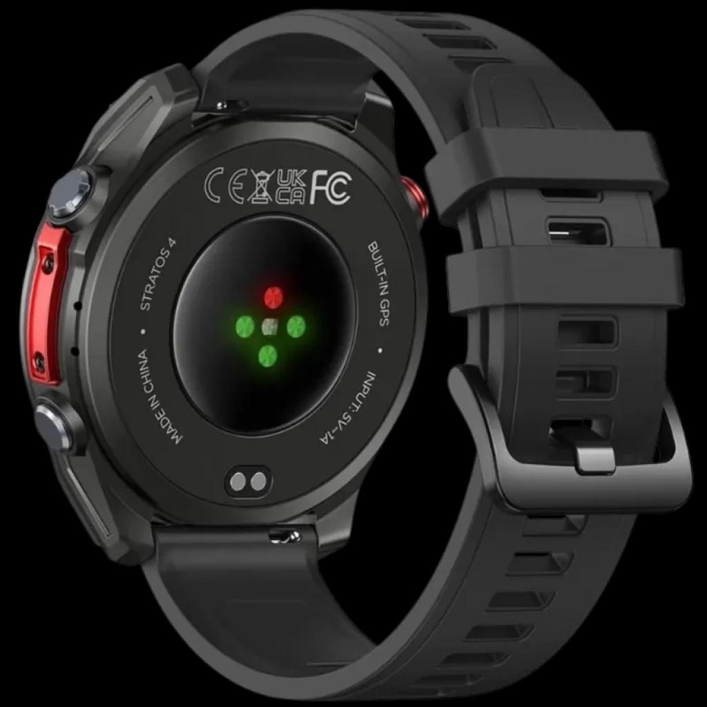 Zeblaze Stratos 4 GPS Noir avec boîtier robuste, capteur cardio vert au dos, boutons latéraux rouges, bracelet silicone noir à boucle et fentes