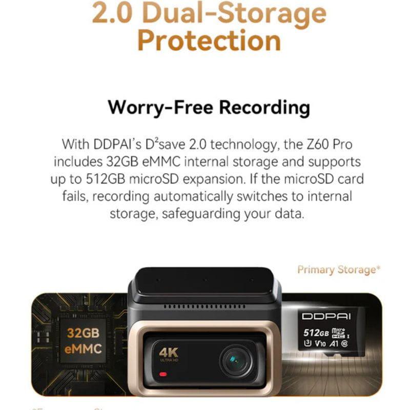 DDPAI Z60 Pro 4K Dual Dash Cam - Cámara para Coche, almacenamiento dual