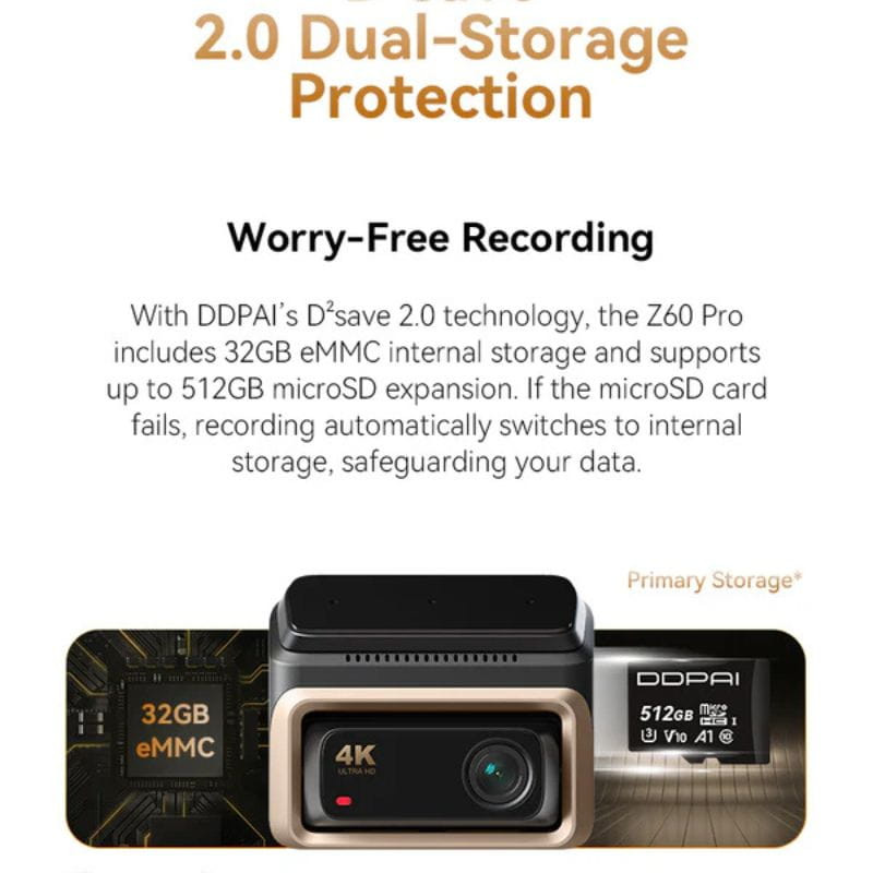 DDPAI Z60 Pro 4K Three Dash Cam - Câmara para automóvel, armazenamento