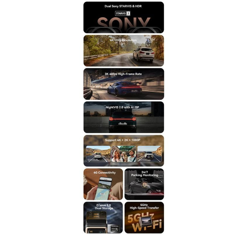 DDPAI Z60 Pro 4K Three Dash Cam - Câmara para automóvel, especificações técnicas