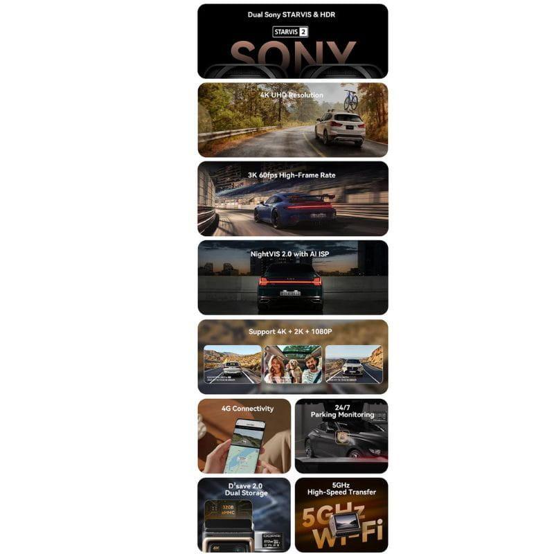 DDPAI Z60 Pro 4K Three Dash Cam - Câmara para automóvel, especificações técnicas