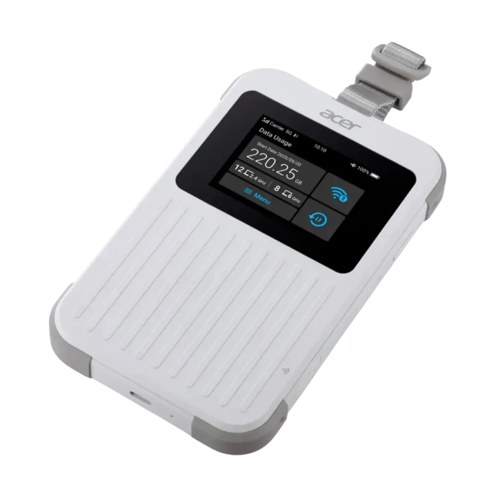 Acer Connect M6E routeur portable blanc avec écran couleur, affichant données réseau et Wi‑Fi 6E, boîtier texturé, bordures grises et attache supérieure