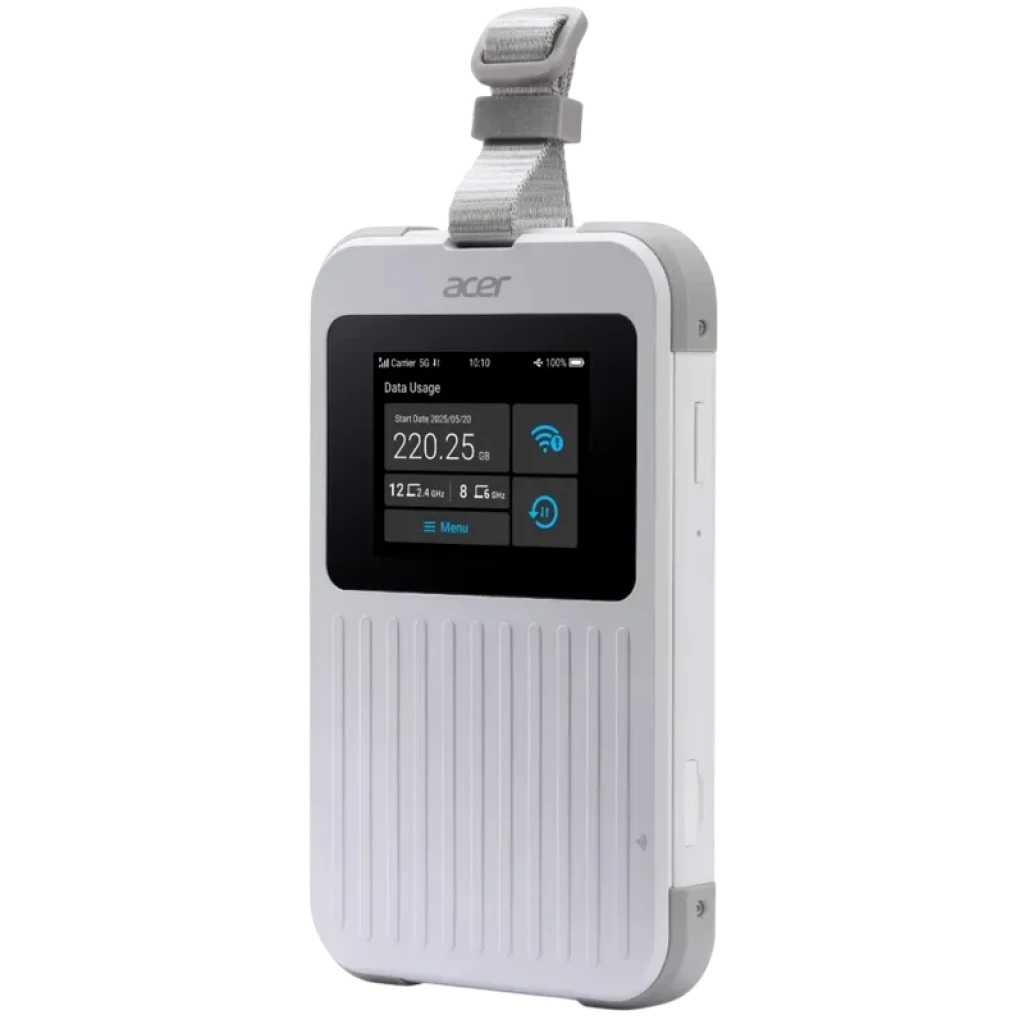 Acer Connect M6E routeur portable blanc avec écran couleur, bandeau gris et sangle. Coque rainurée, indicateurs Wi‑Fi, batterie et données affichés.