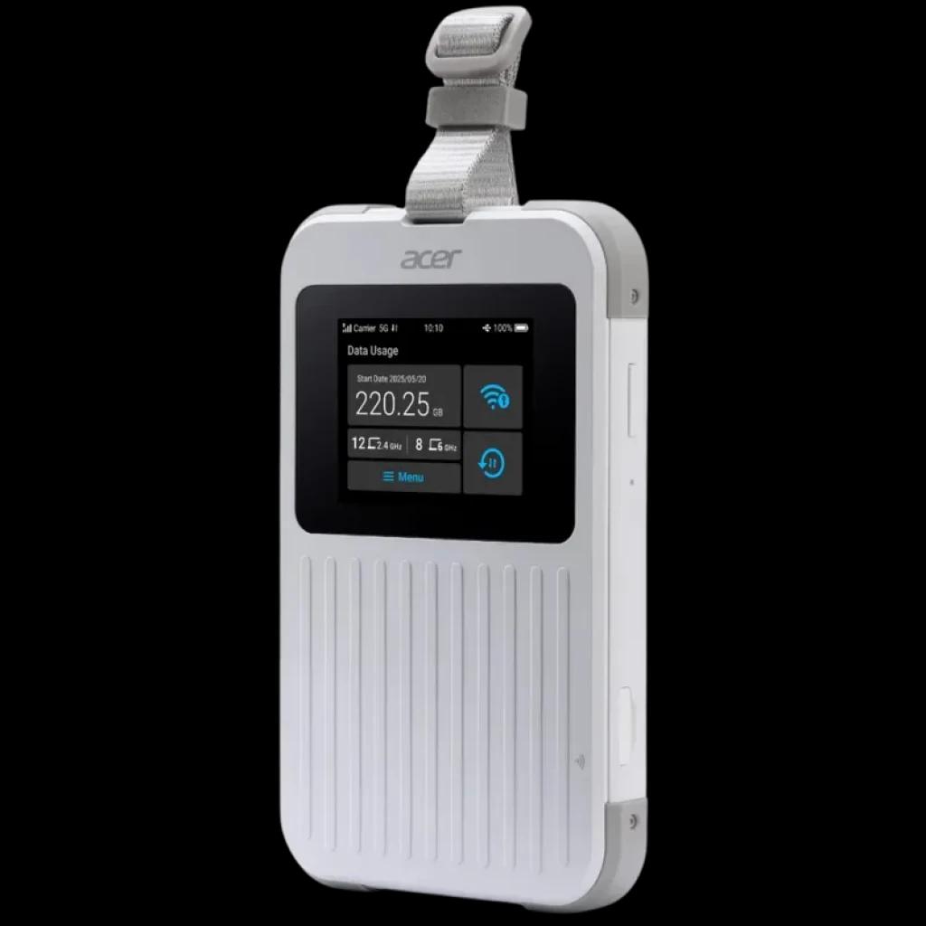 Acer Connect M6E routeur portable blanc avec écran couleur, bandeau gris et sangle. Coque rainurée, indicateurs Wi‑Fi, batterie et données affichés.