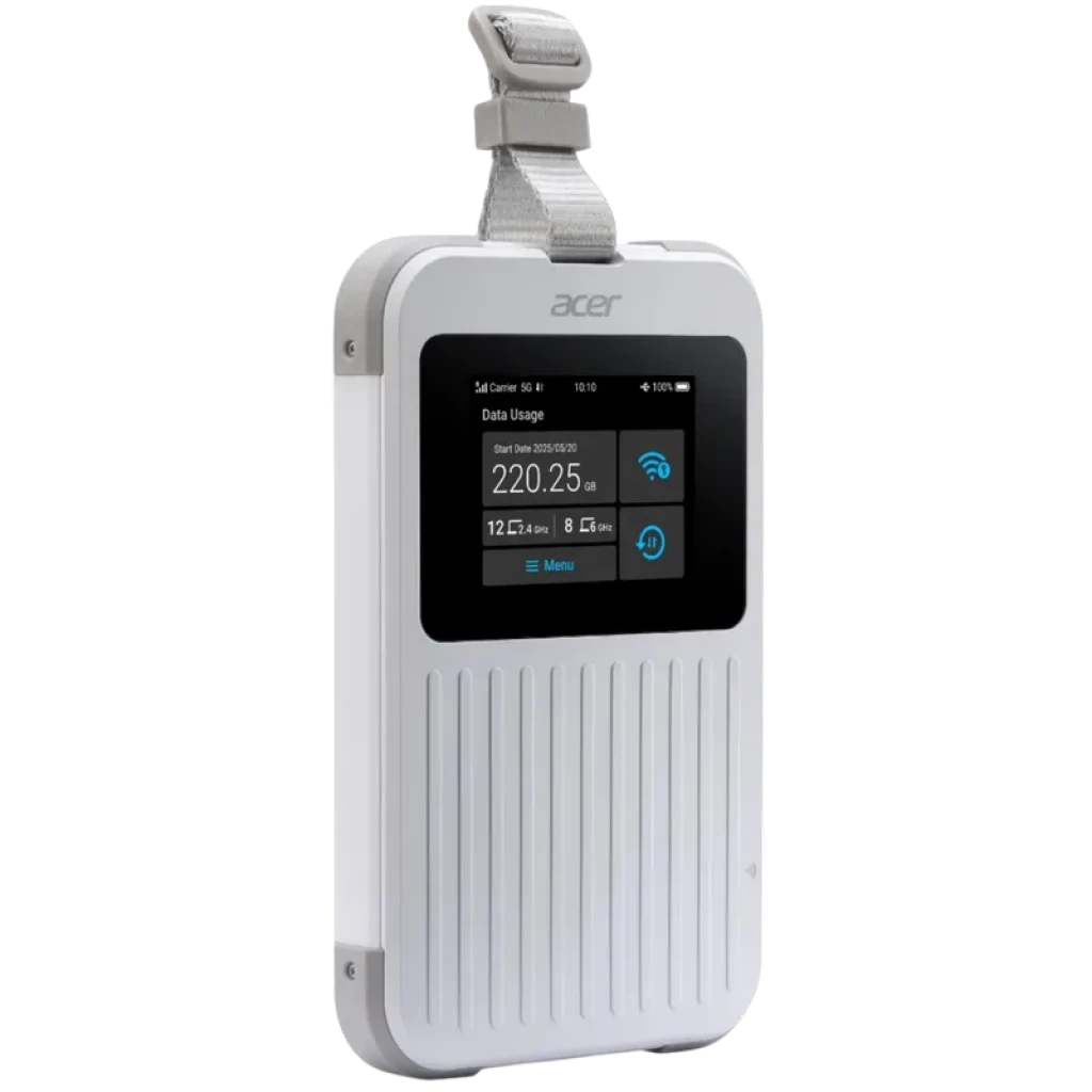 Acer Connect M6E routeur portable blanc avec écran couleur, affichage données et icônes Wi‑Fi, coque rainurée verticale, sangle grise supérieure