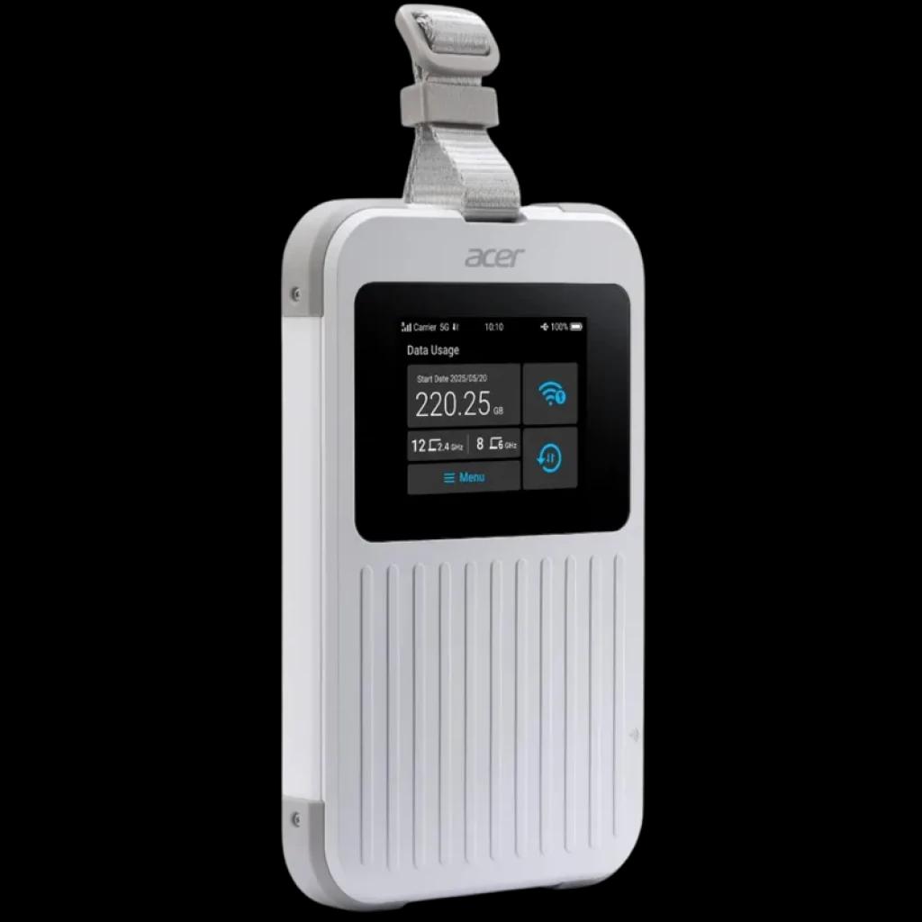 Acer Connect M6E routeur portable blanc avec écran couleur, affichage données et icônes Wi‑Fi, coque rainurée verticale, sangle grise supérieure