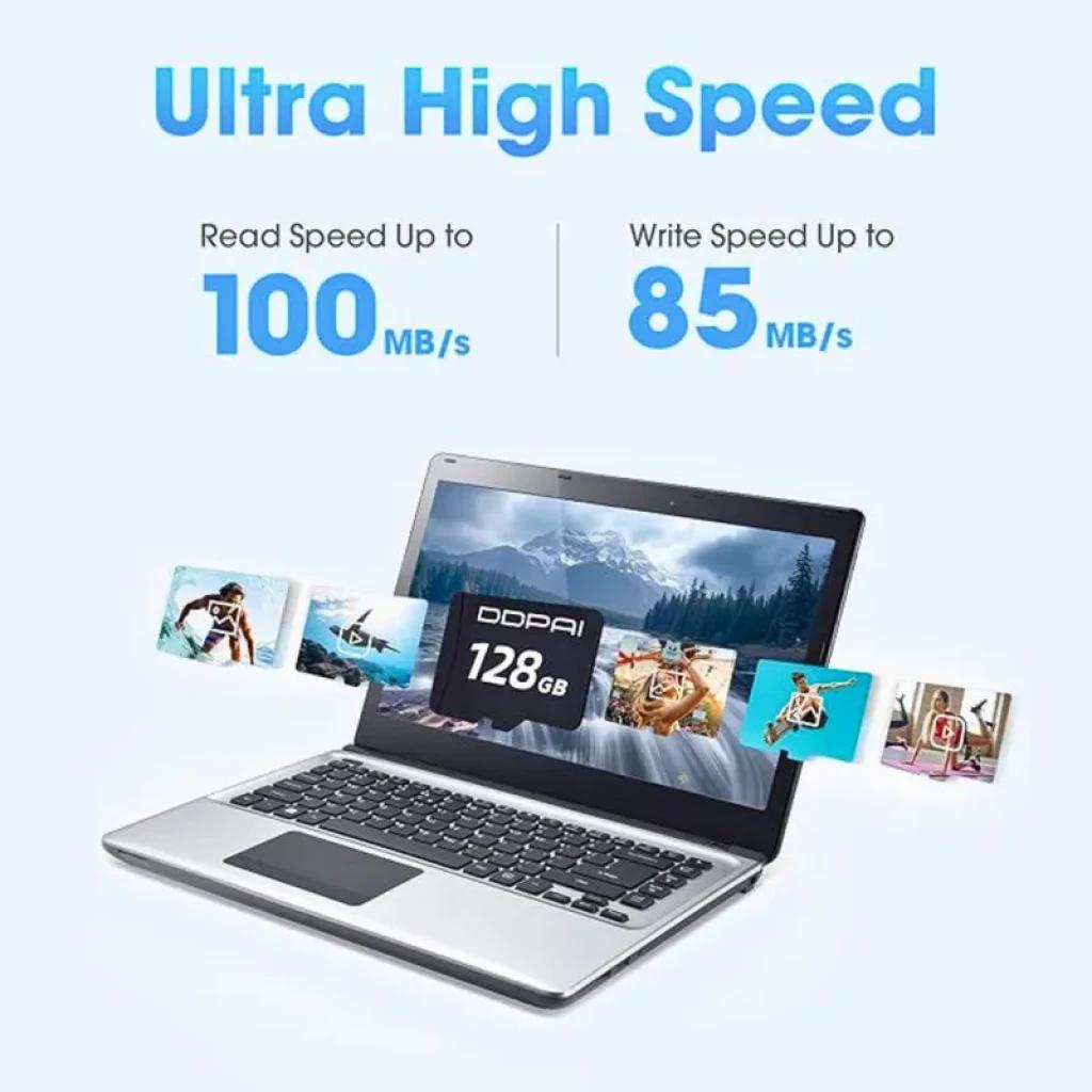 DDPAI Tarjeta microSD de 128GB para Dash Cam, ultra alta velocidad, lectura hasta 100 MB/s y escritura hasta 85 MB/s, ideal para grabaciones fluidas