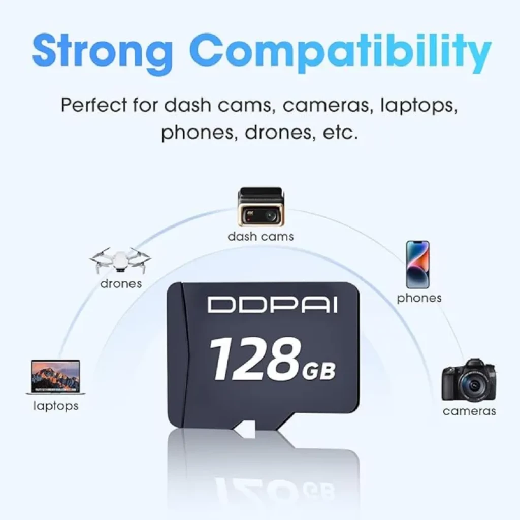 Tarjeta microSD DDPAI 128GB con alta compatibilidad; destaca capacidad en blanco, formato microSD y uso en dash cams, cámaras, móviles, drones y portátiles