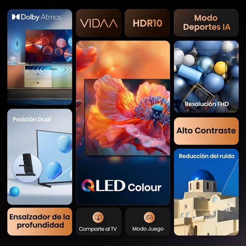 Hisense 40A5Q 40" QLED FHD negro: HDR10, Alto Contraste, Dolby Atmos, Modo Deportes IA, Reducción de ruido, Posición Dual, Modo Juego, VIDAA.