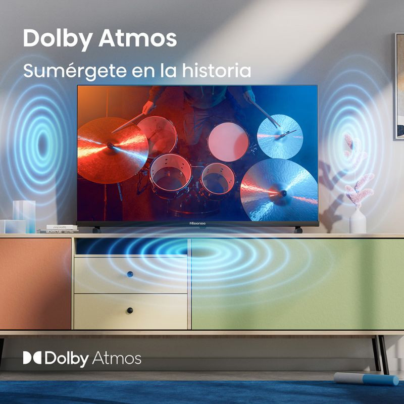 Hisense 40A5Q 40" Full HD QLED Negro con Dolby Atmos: marco delgado, pantalla vibrante con batería de tambores, sonido envolvente visualizado con ondas.