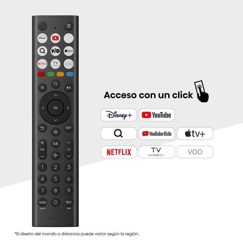 Control remoto negro Hisense con botones dedicados: Disney+, YouTube, Netflix, Apple TV, YouTube Kids y VOD; diseño delgado con teclas grandes y navegación