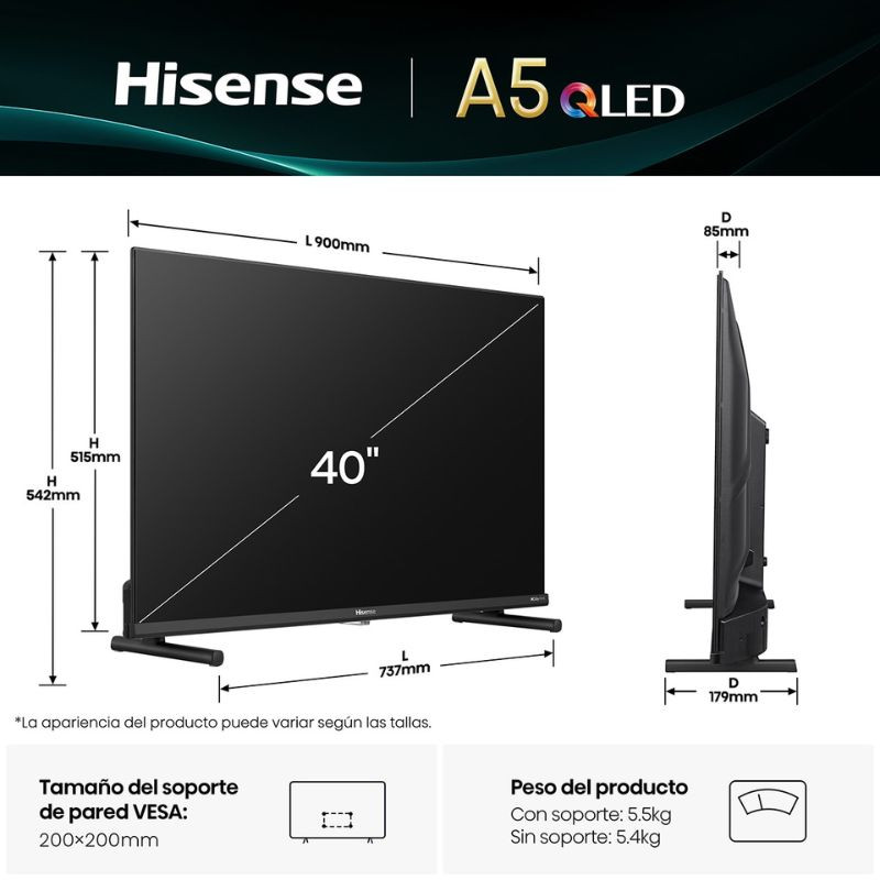 Hisense 40A5Q 40" QLED Full HD en negro, bisel delgado, patas laterales, perfil delgado, compatibilidad VESA 200x200, 900×542×85 mm, peso 5.5 kg con soporte.
