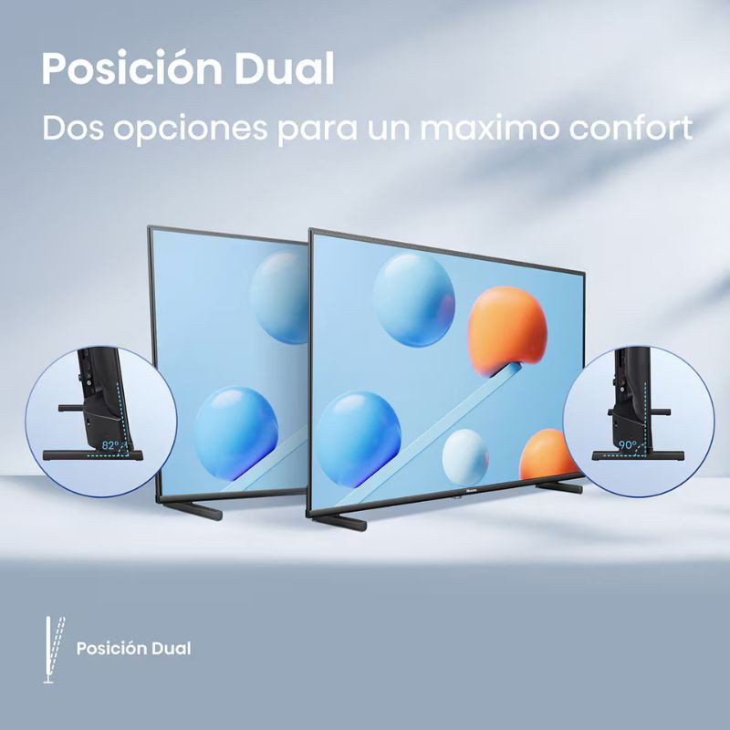 Hisense 40A5Q 40" QLED Full HD en negro con Posición Dual: bases ajustables para mayor confort. Bisel delgado y pantalla con colores vivos y nítidos.
