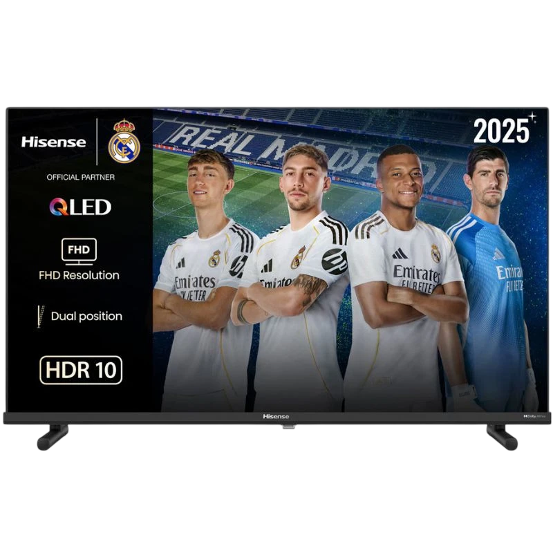 Hisense 40A5Q 40" QLED FHD preto com HDR10; tela fina, bordas estreitas, pés duplos ajustáveis, interface Smart TV e cores vivas de alto contraste.