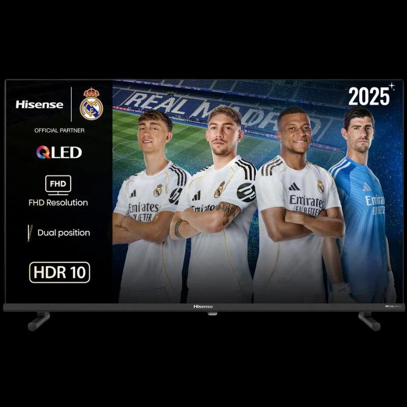 Hisense 40A5Q 40" QLED FHD negro con HDR10, peana dual y biseles delgados; interfaz Smart TV y sello de partner oficial del Real Madrid en pantalla.