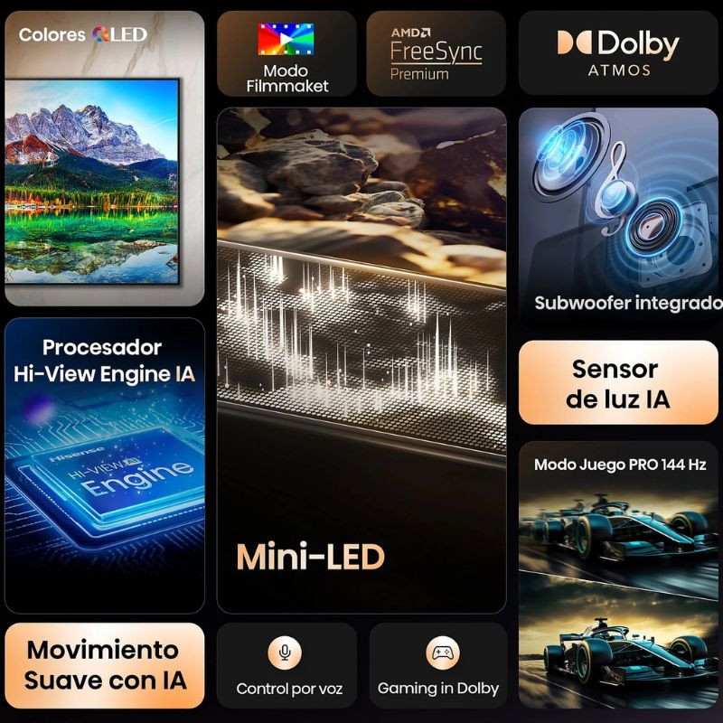 Hisense 50E8Q 50" 4K UHD LED gris con Mini‑LED, colores vivos, movimiento suave con IA, FreeSync Premium, Dolby Atmos, subwoofer, sensor de luz y 144 Hz.