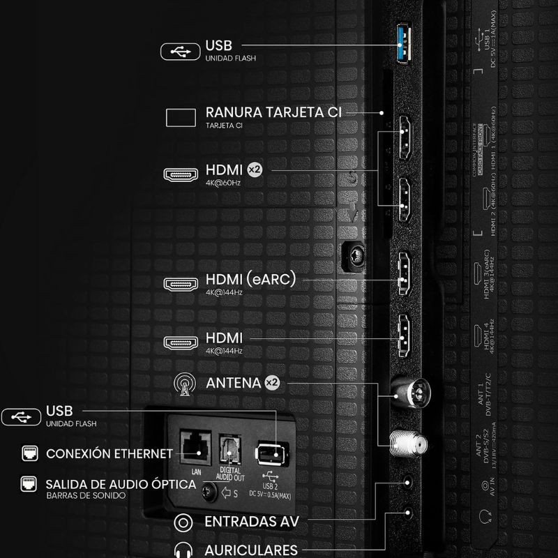 Hisense 50E8Q 50" 4K UHD LED Smart TV en gris, pantalla delgada con biseles mínimos, montada sobre mueble moderno; imagen vibrante y colores intensos.