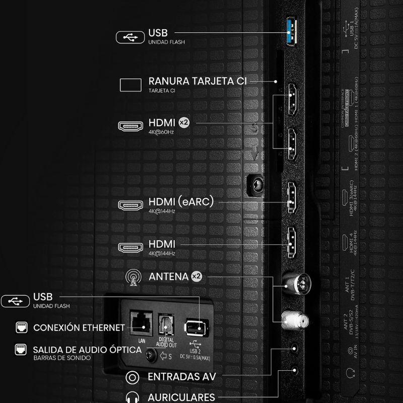 Hisense 50E8Q 50" 4K UHD LED Smart TV en gris, pantalla delgada con biseles mínimos, montada sobre mueble moderno; imagen vibrante y colores intensos.