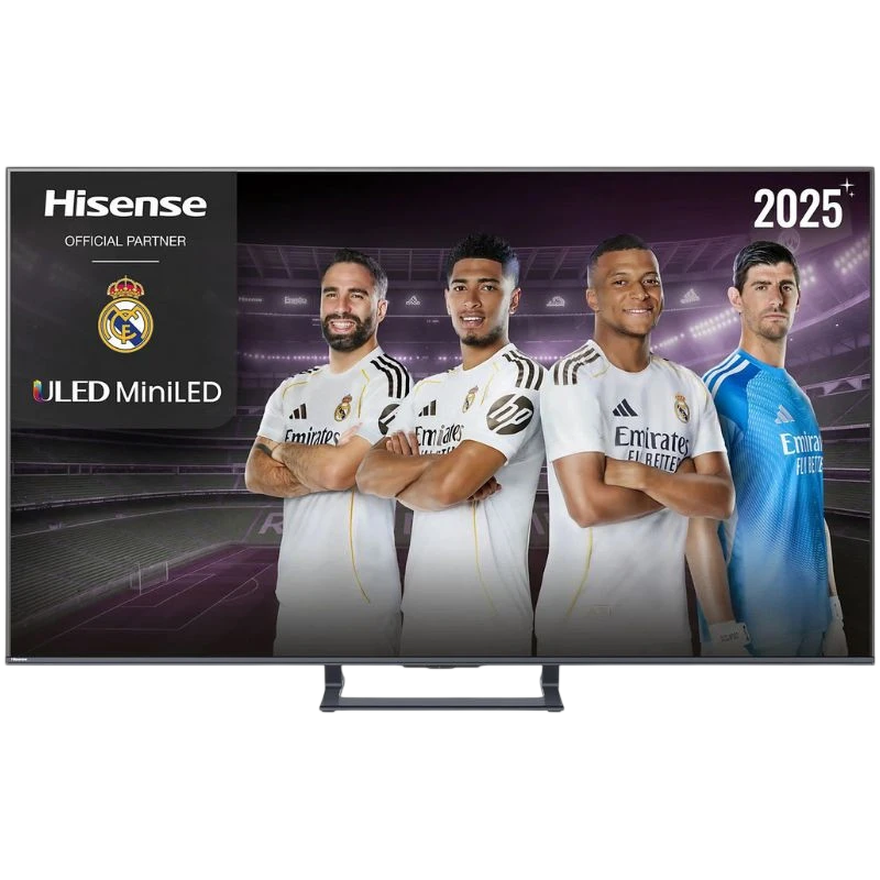 Hisense 50E8Q 50" 4K UHD LED Smart TV gris, biseles delgados, soporte central, pantalla ULED MiniLED con imagen vibrante y logo Real Madrid 2025+