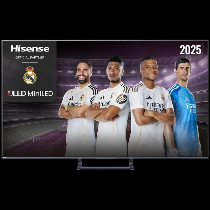 Hisense 50E8Q 50" 4K UHD LED Smart TV gris, biseles delgados, soporte central, pantalla ULED MiniLED con imagen vibrante y logo Real Madrid 2025+