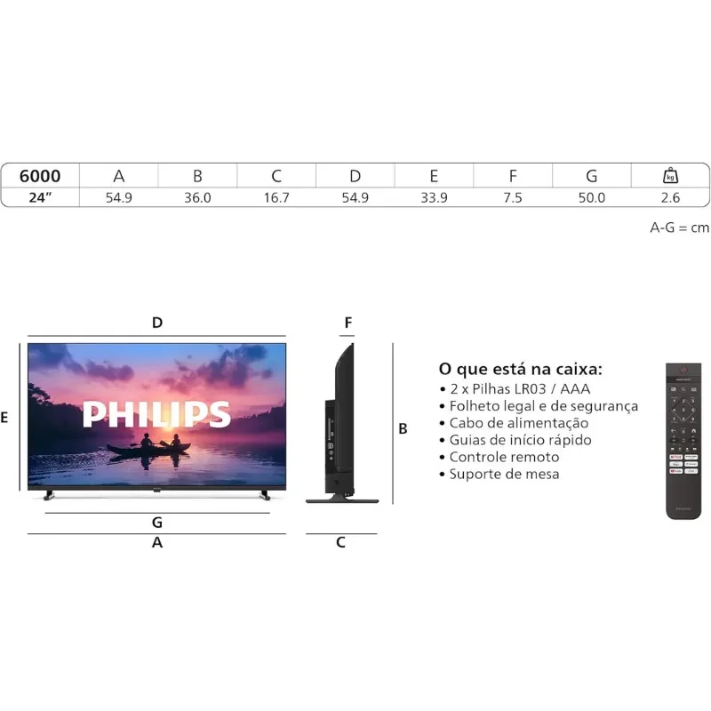 Philips 24PHS6000/12 24 pulgadas HD LED Smart TV negro, biseles finos, peana doble, conectividad lateral, incluye control remoto y accesorios en caja