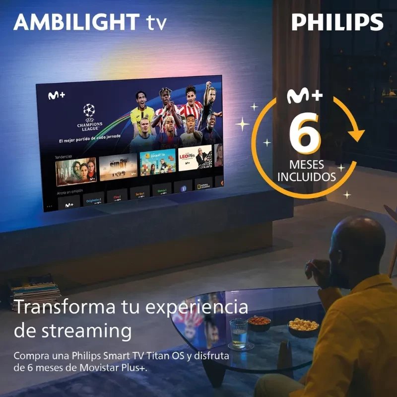 Philips 32PHS6000/12 32 HD LED Smart TV negro con Ambilight encendido, pantalla mostrando apps de streaming y deportes, marco delgado y soporte mural