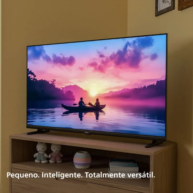 Philips 32PHS6000/12 32 HD LED Smart TV negro con biseles finos, soporte doble y pantalla vibrante mostrando paisaje al atardecer en un mueble de sala