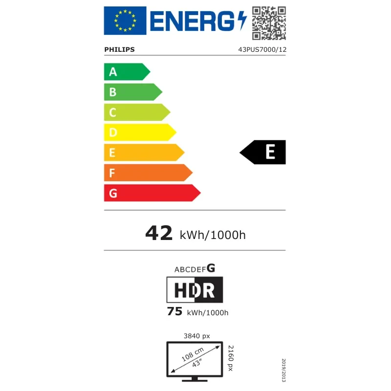 Etiqueta energética del Philips 43PUS7000/12: clase E, consumo 42 kWh/1000h, HDR, resolución 3840 px, diagonal 108 cm, 4K Ultra HD, televisor negro de 43