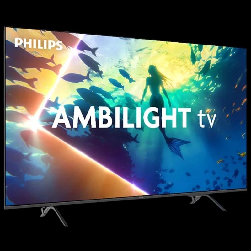 Philips 55OLED770 55" 4K UHD Smart TV, pantalla OLED ultraplana negra con biseles finos y soporte doble; destaca el efecto Ambilight envolvente.