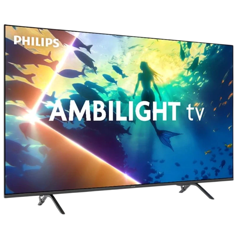 TV Philips 55PUS8010/12 55" 4K UHD LED noir, bords fins, pieds métalliques, écran lumineux avec Ambilight immersif et image nette et colorée.