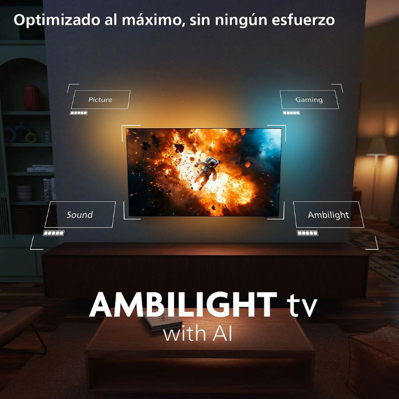 Televisor Philips 65OLED770 de 65": pantalla 4K OLED con Ambilight envolvente, optimizado por IA para imagen, sonido y juego en salón moderno.