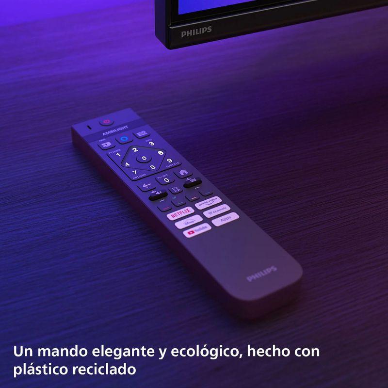Mando a distancia Philips elegante con retroiluminación violeta, botones dedicados (Netflix, Prime, YouTube) y diseño ecológico en plástico reciclado.