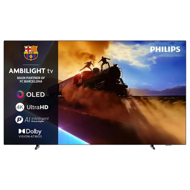 Philips 65OLED770 65" : écran OLED 4K Ultra HD avec Ambilight, AI Intelligent Picture Engine, Dolby Vision/Atmos, design fin, bords étroits.