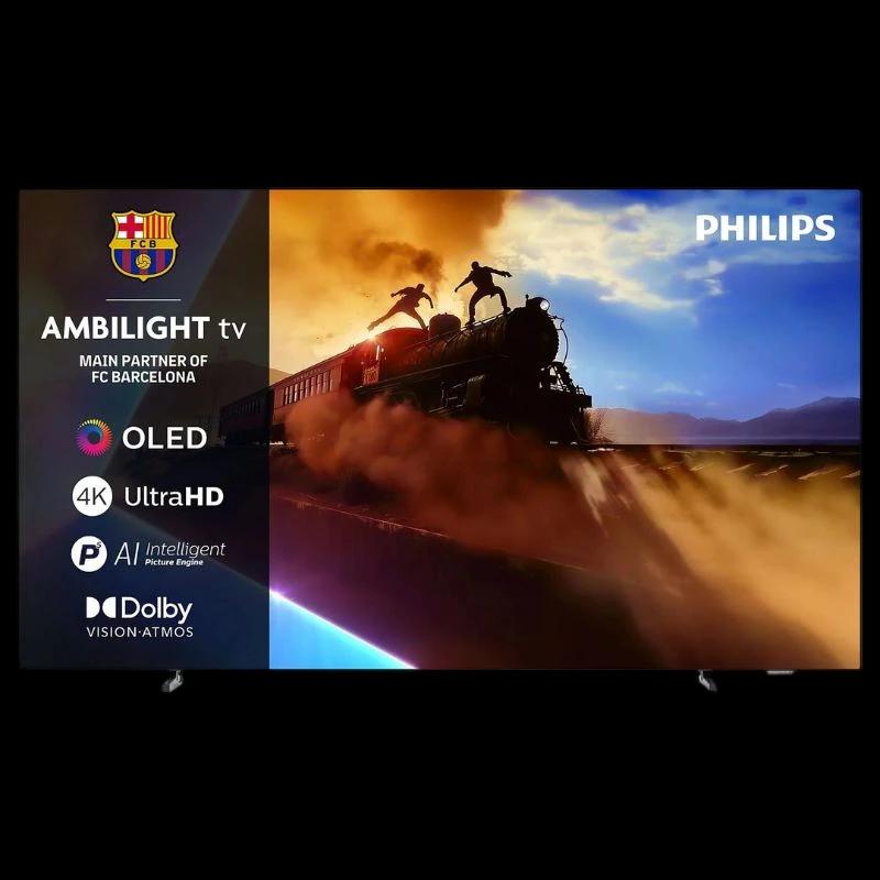 Philips 65OLED770 65" 4K OLED con Ambilight: pantalla sin bordes, colores vivos, negros profundos, logos de 4K, OLED, AI, Dolby Vision-Atmos visibles.