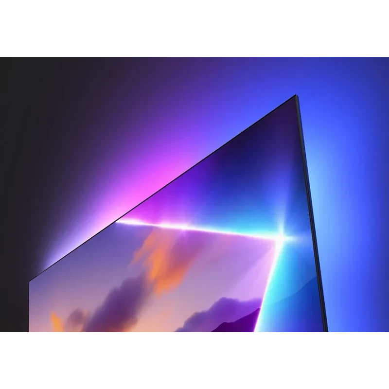 Borde superior de la pantalla del Philips 85PUS8510 con Ambilight multicolor, panel QLED 4K, marco ultrafino y colores vivos en un diseño minimalista