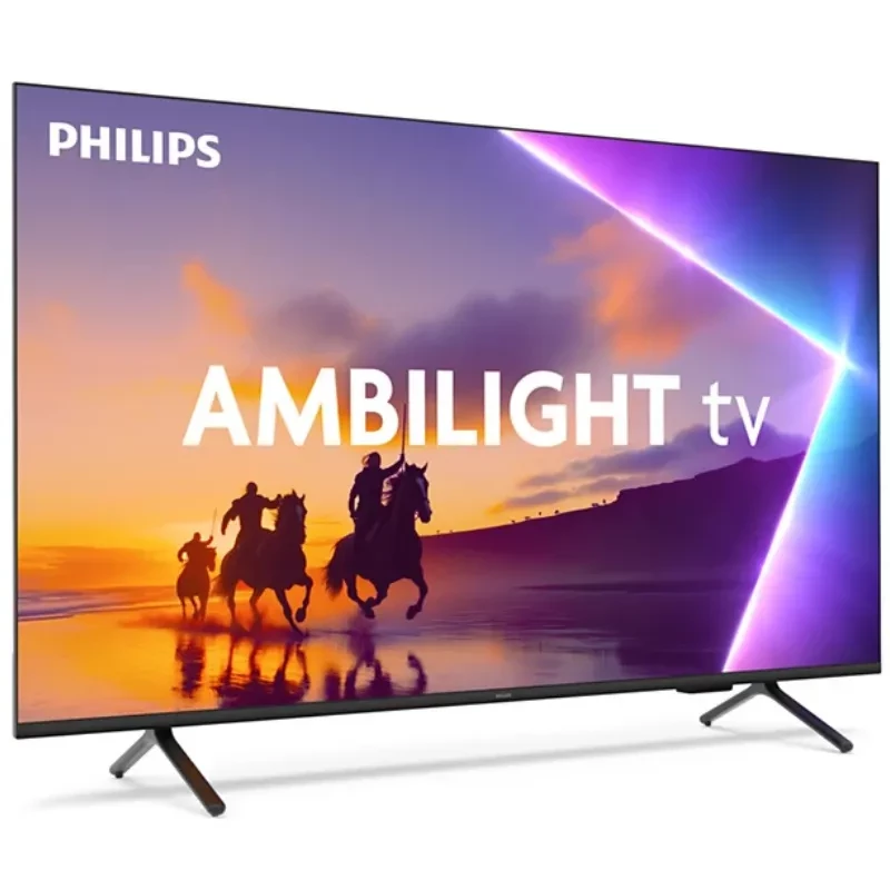 Philips 85PUS8510 85 pulgadas 4K QLED con Ambilight, pantalla fina casi sin bordes, soporte de dos patas y colores vibrantes en escenas de alto contraste