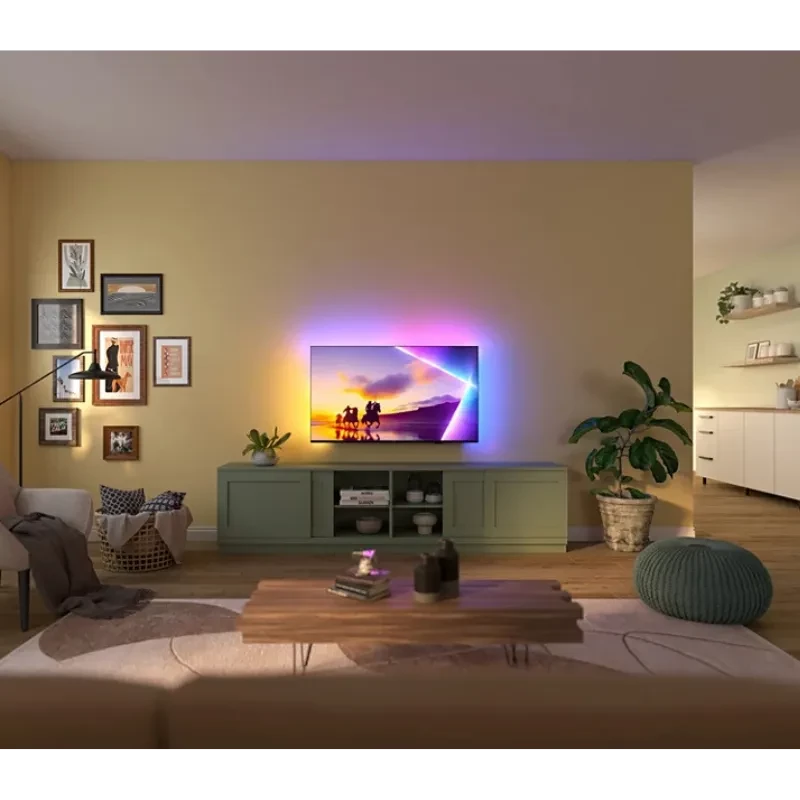 Philips 85PUS8510 85 pulgadas 4K QLED con Ambilight multicolor, pantalla plana sin marcos en salón moderno, imagen vibrante y contraste definido