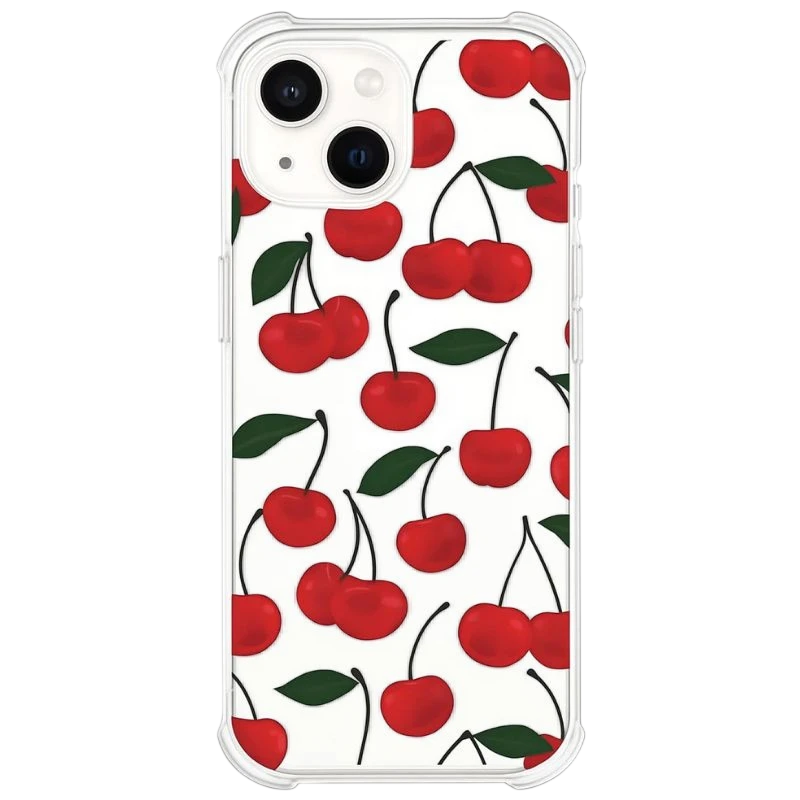 Coque iPhone 13 Cerises avec fond blanc, motif cerises rouges et feuilles vertes, étui transparent, coins renforcés, protection fine et élégante